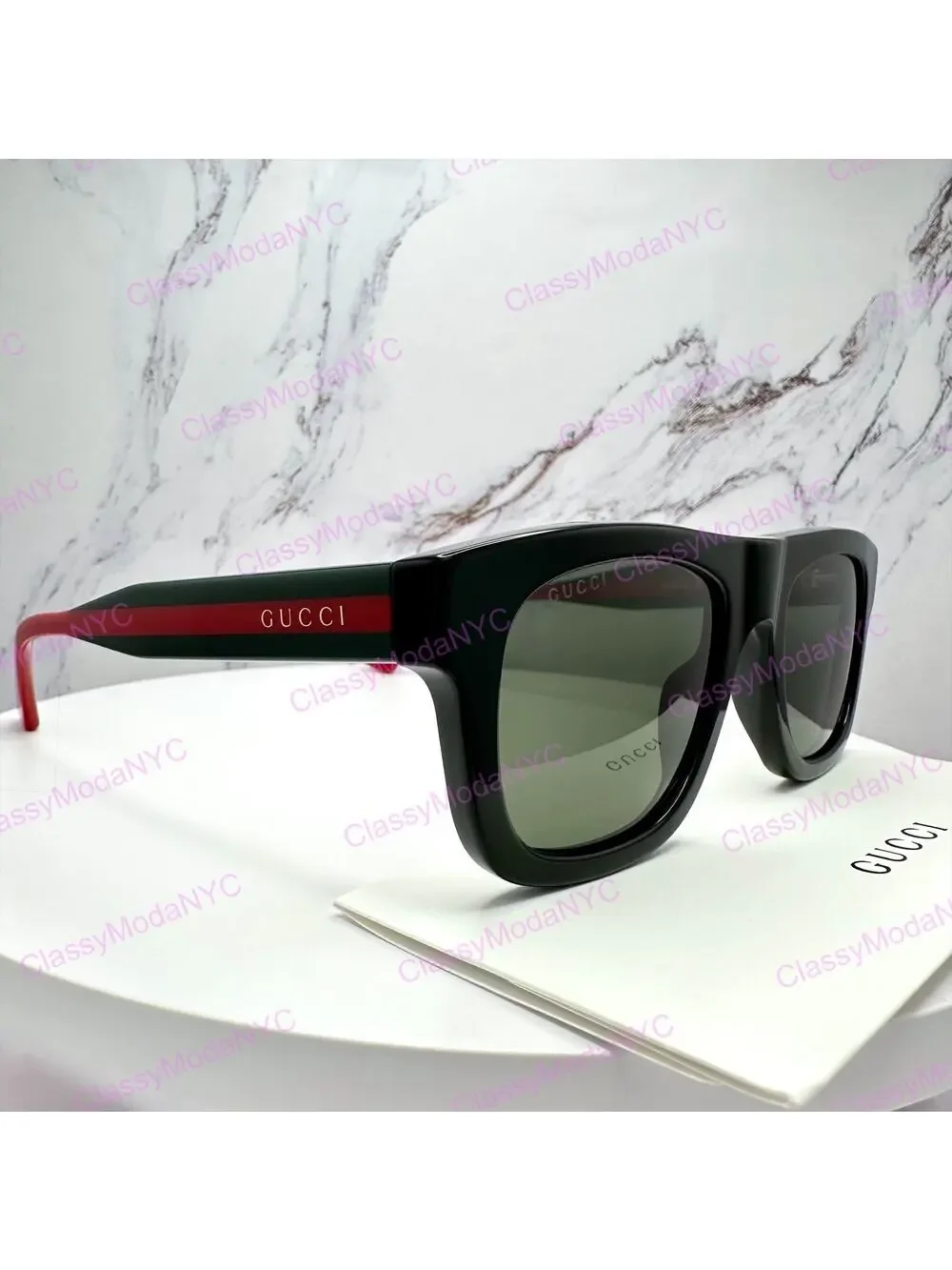 New GUCCI Sunglasses Mens 52mm Black Square Rectangle Aviator Red Green Web Arm